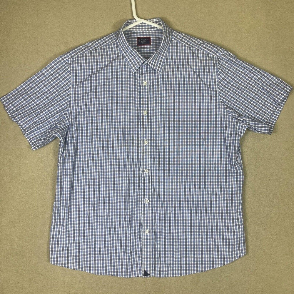 UNTUCKit Dante Wrinkle-Free Short Sleeve Shirt Mens 2XL Blue Plaid 100%‎ Cotton